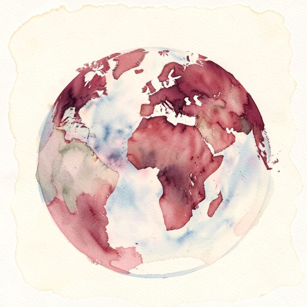 Weiches Aquarell eines Globus vor einem hellen, cremefarbenen Hintergrund, mit dezenten burgunderroten Akzenten auf den Kontinenten