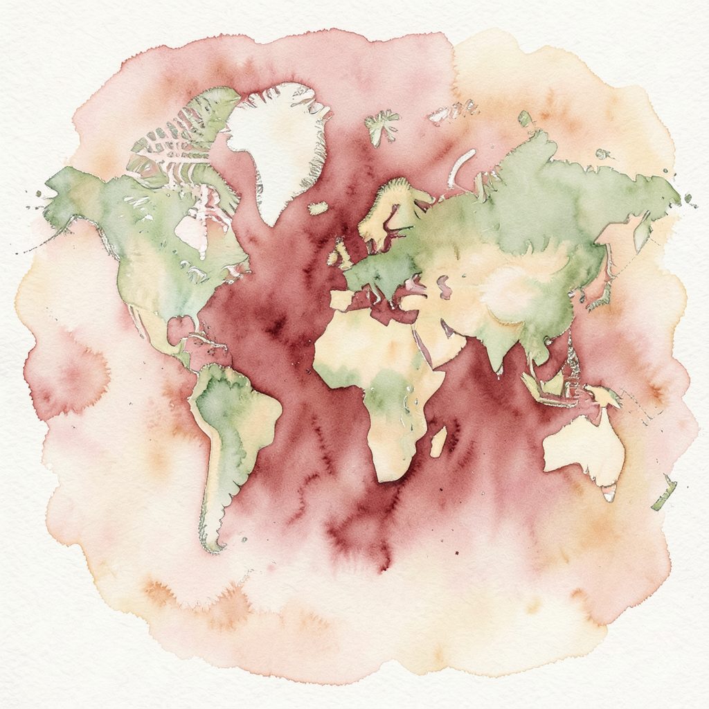 Weiche Aquarellmalerei einer stilisierten Weltkarte in sanften Grün- und Cremetönen, mit zarten Kontinenten und einem warmen, einladenden Gesamteindruck