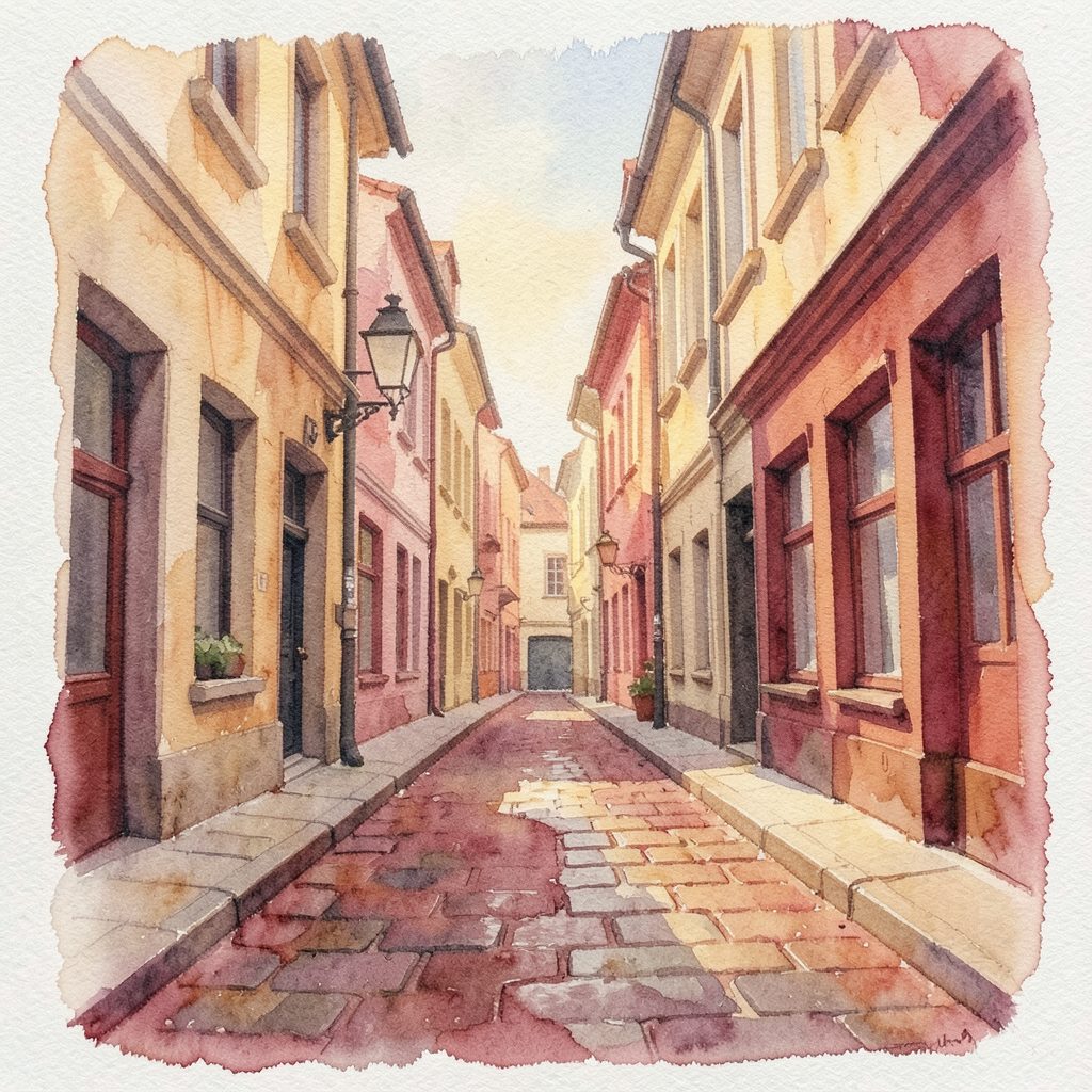 Aquarell einer europäischen Altstadtgasse mit warmen Ockertönen und sanften Schatten, ruhige städtische Szene